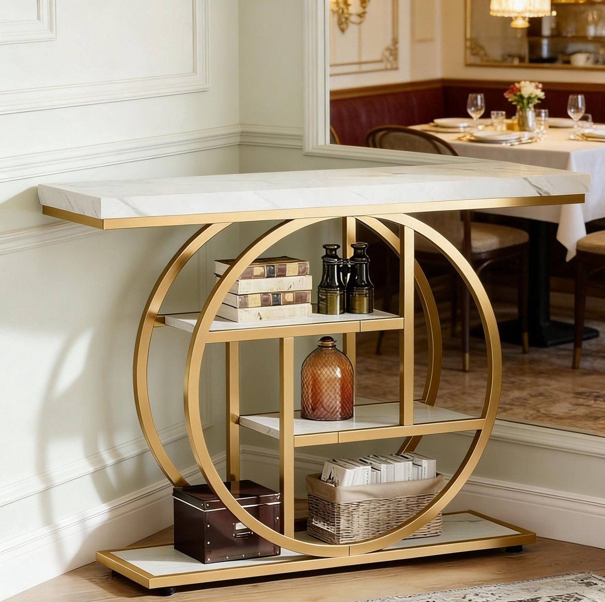 COVREO Sidetable 105 x 30 x 80 cm goud wit, metaal en hout, 4 niveaus