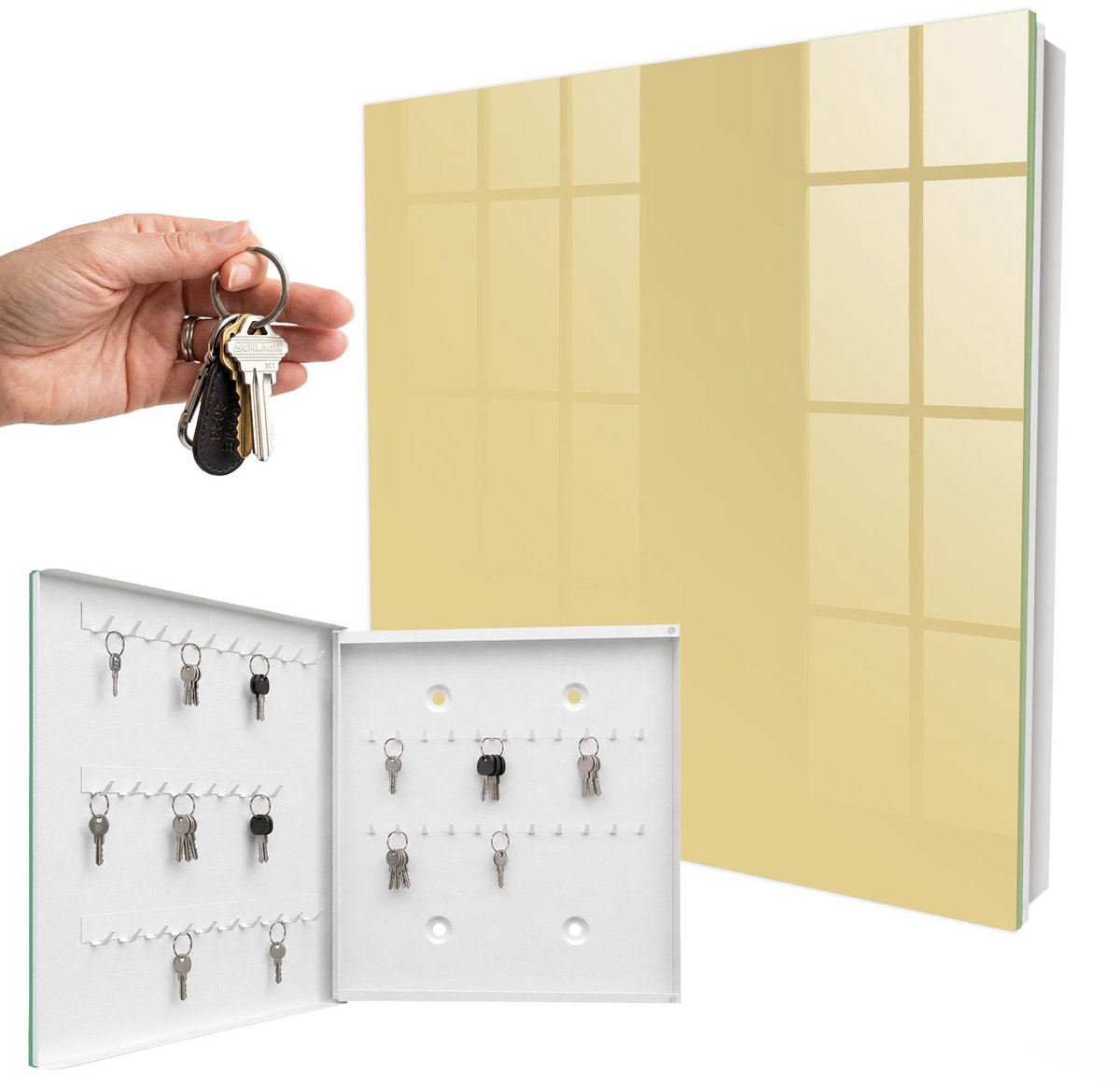 WallMuralia - Sleutelkast - 30x30x5 cm - met 50 haken - Beige-Geel Sleutelkastje Binnen - Beige Sleutelbox - Linksopenend - Wit interieur