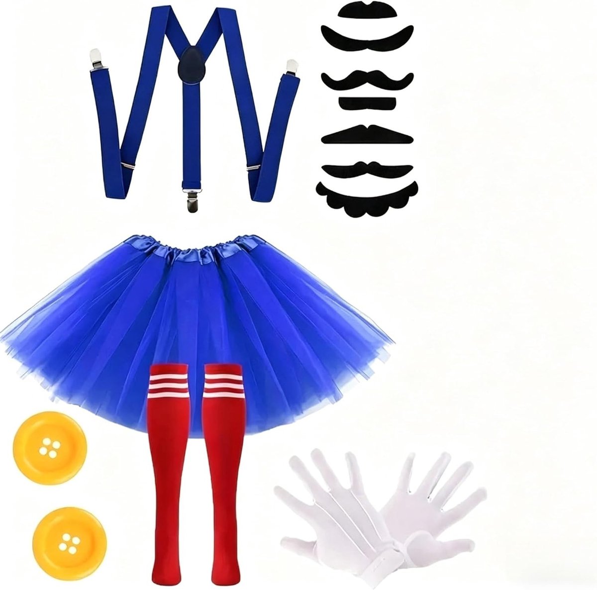 6-delige Cosplay Set met Tutu Kostuum, Hoed, Snor, Overalls, Tutu Rok en Handschoenen voor Halloween en Themafeesten, Perfect voor Volwassenen en Kinderen