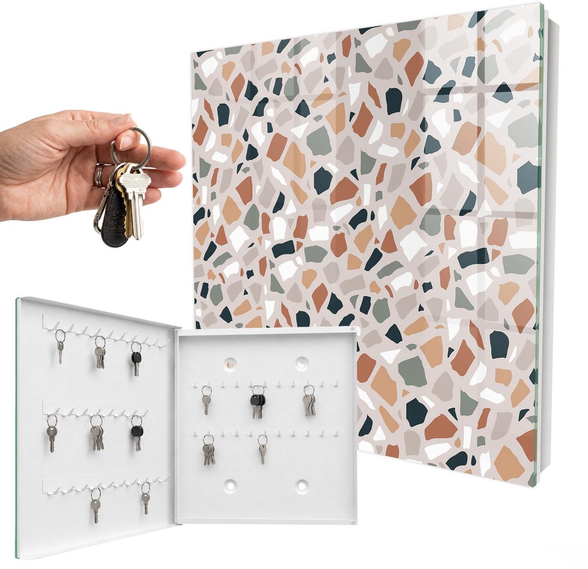 WallMuralia - Sleutelkast - 30x30x5 cm - met 50 haken - Mozaïek Van Steen Sleutelkastje Binnen - Beige Sleutelbox - Linksopenend - Wit interieur