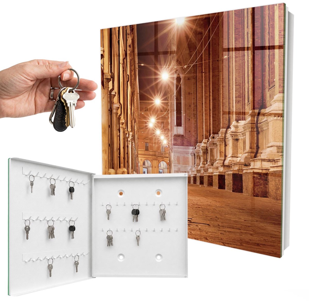 WallMuralia - Sleutelkast - 30x30x5 cm - met 50 haken - Stadsnacht Sleutelkastje Huis - Oranje Sleutelbox - Linksopenend - Wit interieur
