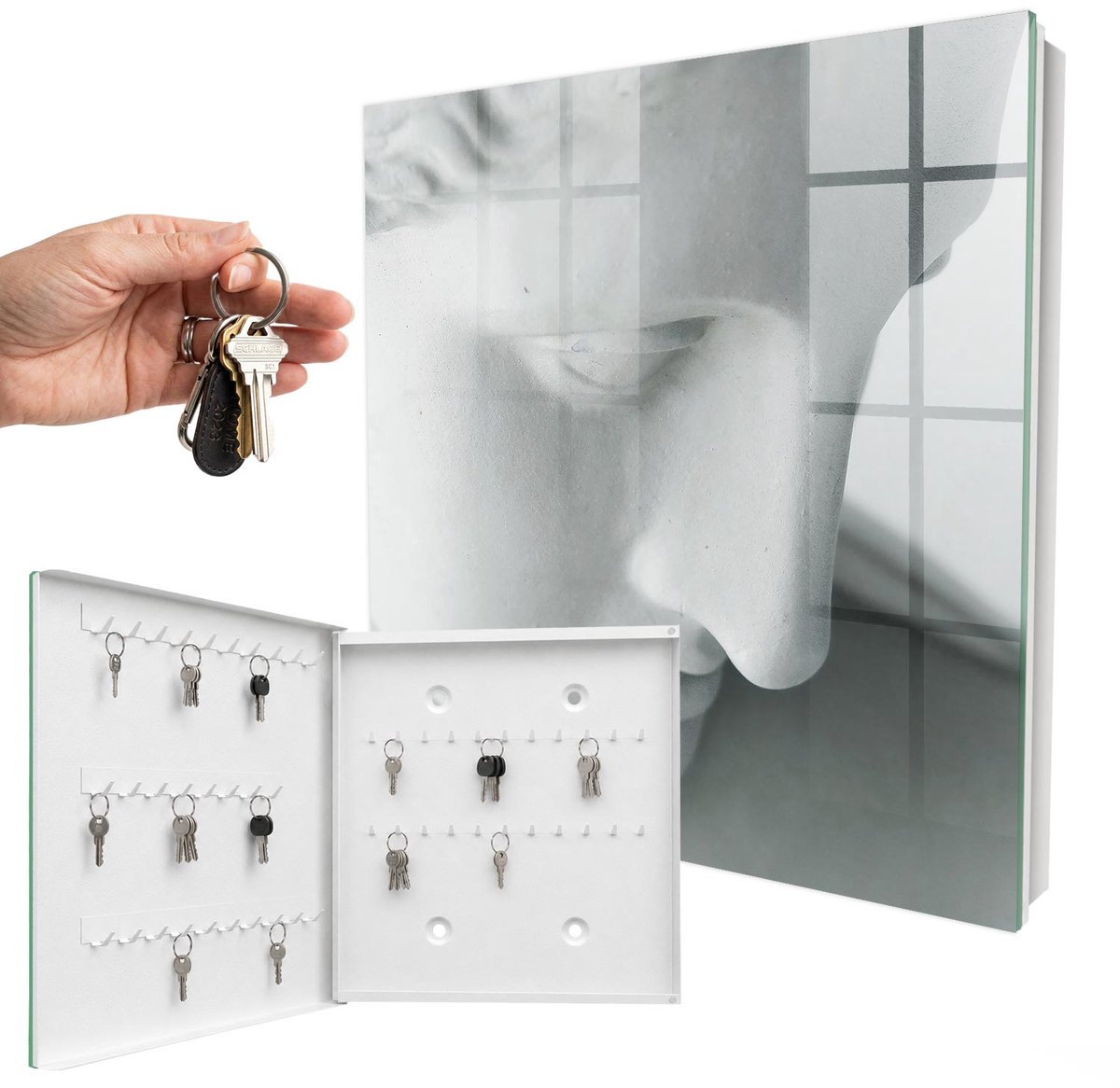 WallMuralia - Sleutelkast - 30x30x5 cm - met 50 haken - Klassieke Vrede Sleutelkastje Landelijk - Wit Sleutelbox - Linksopenend - Wit interieur
