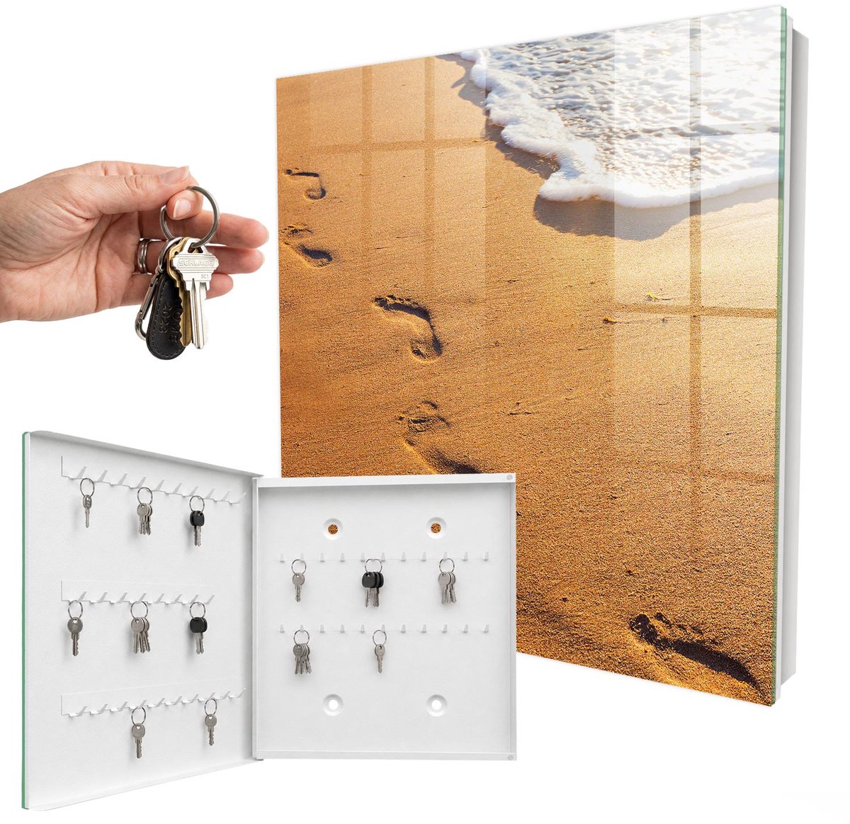 WallMuralia - Sleutelkast - 30x30x5 cm - met 50 haken - De Rust Van Het Strand Sleutelkastje Klein - Geel Sleutelbox - Linksopenend - Wit interieur