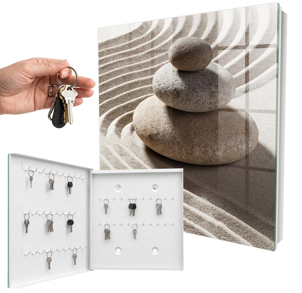 WallMuralia - Sleutelkast - 30x30x5 cm - met 50 haken - Zen-Compositie Sleutelkastje Gang - Beige Sleutelbox - Linksopenend - Wit interieur