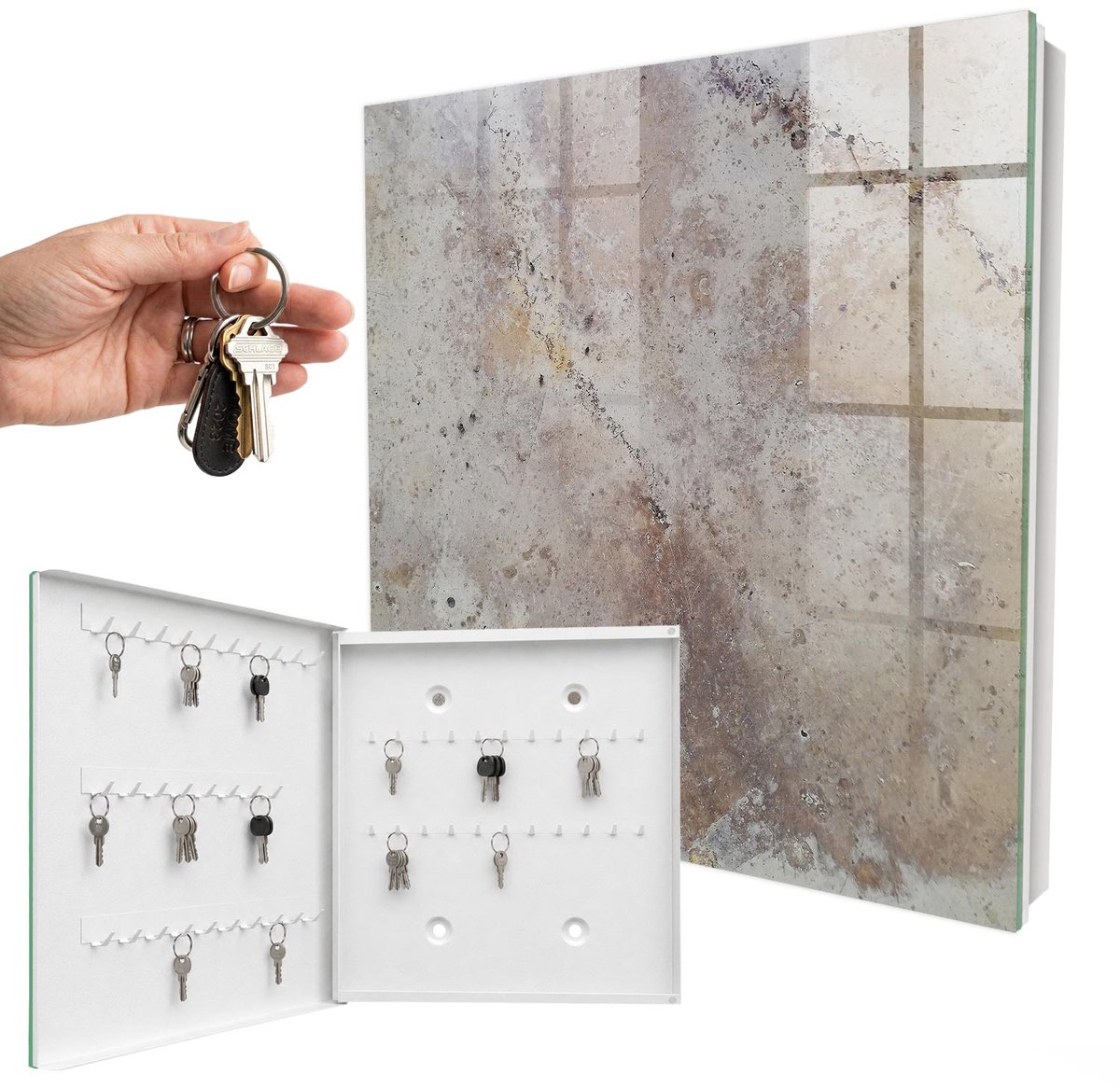 WallMuralia - Sleutelkast - 30x30x5 cm - met 50 haken - Aardse Textuur Sleutelkastje Modern - Beige Sleutelbox - Linksopenend - Wit interieur