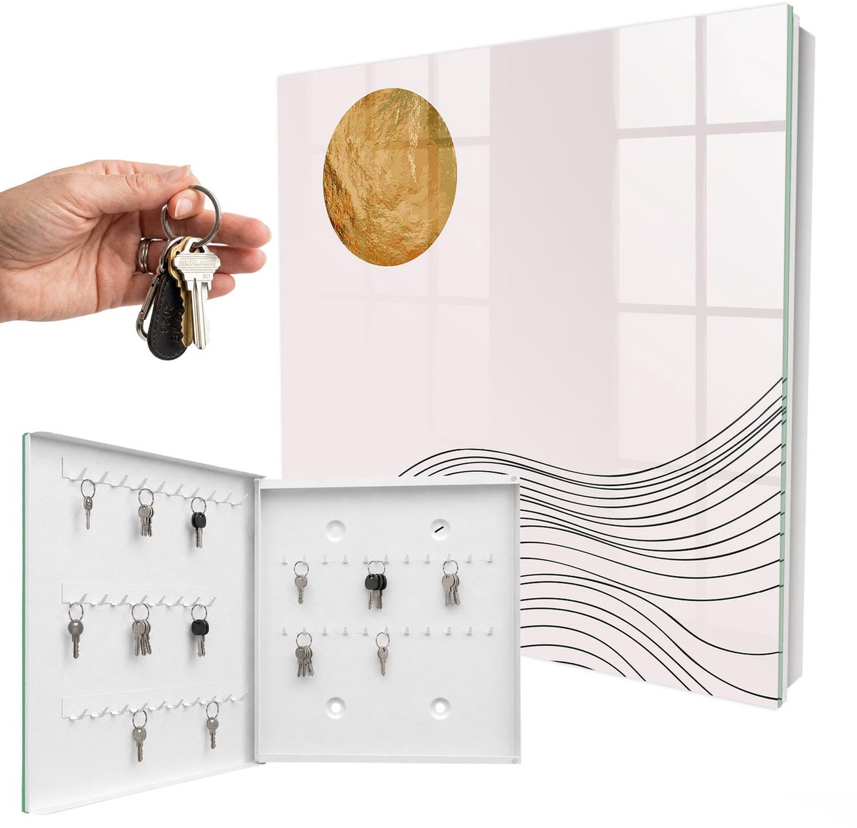 WallMuralia - Sleutelkast - 30x30x5 cm - met 50 haken - Golven En Cirkel Sleutelkastje - Beige Sleutelbox - Linksopenend - Wit interieur