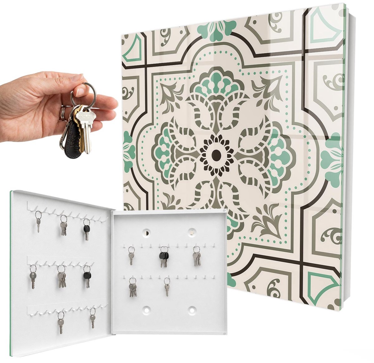 WallMuralia - Sleutelkast - 30x30x5 cm - met 50 haken - Geometrische Decoratie Sleutelkastje - Beige Sleutelbox - Linksopenend - Wit interieur