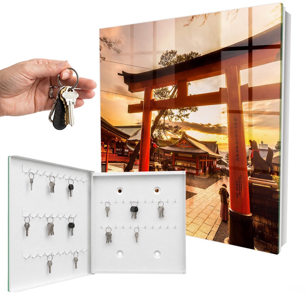 WallMuralia - Sleutelkast - 30x30x5 cm - met 50 haken - Japanse Poort Sleutelkastje Huis - Oranje Sleutelbox - Linksopenend - Wit interieur