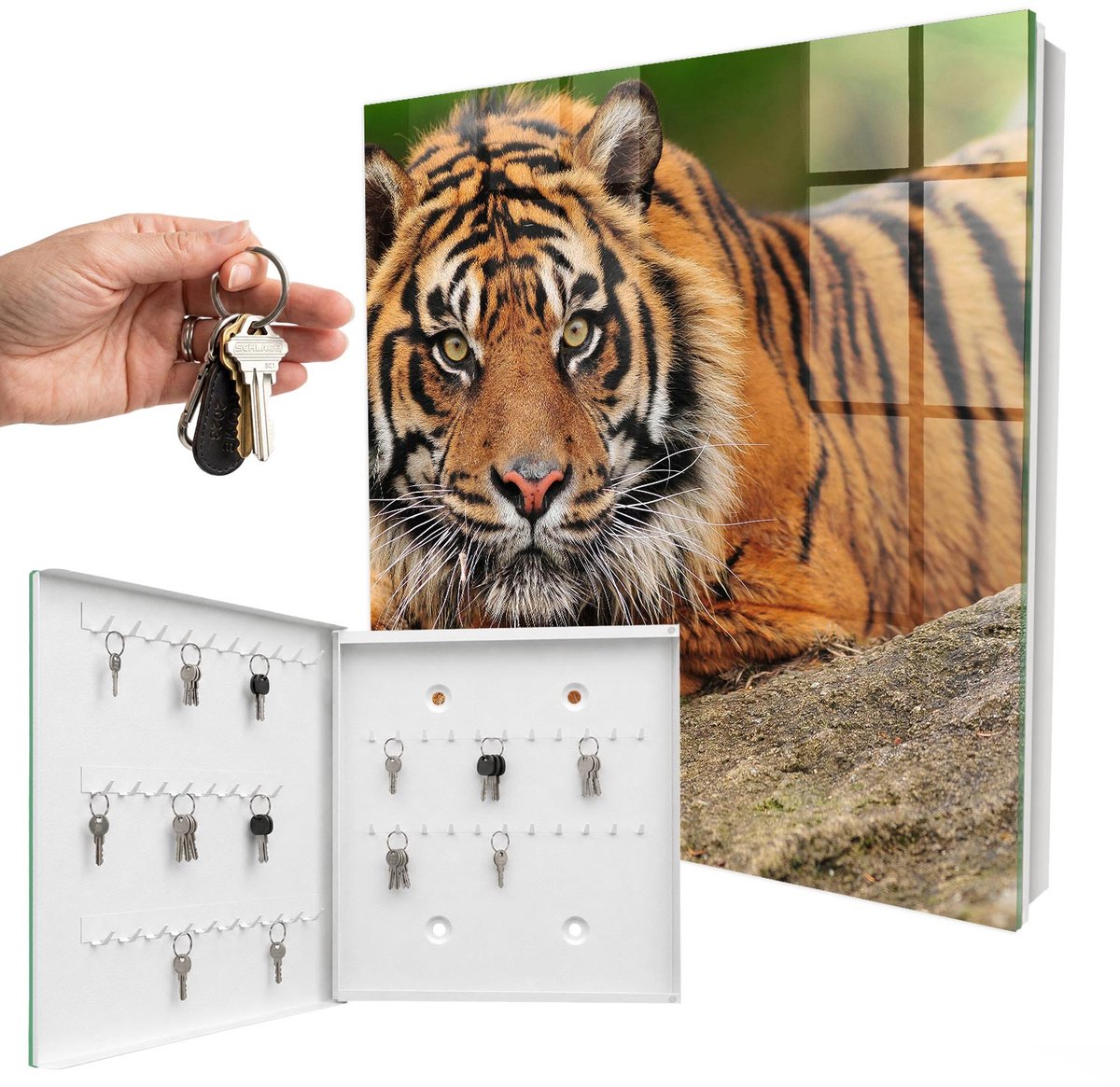 WallMuralia - Sleutelkast - 30x30x5 cm - met 50 haken - Tijger Die Uitrust Sleutelkastje Gang - Oranje Sleutelbox - Linksopenend - Wit interieur