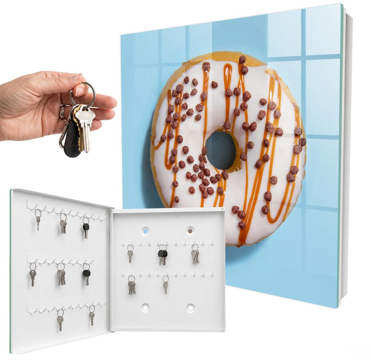 WallMuralia - Sleutelkast - 30x30x5 cm - met 50 haken - Zoete Verleiding Sleutelkastje Binnen - Blauw Sleutelbox - Linksopenend - Wit interieur