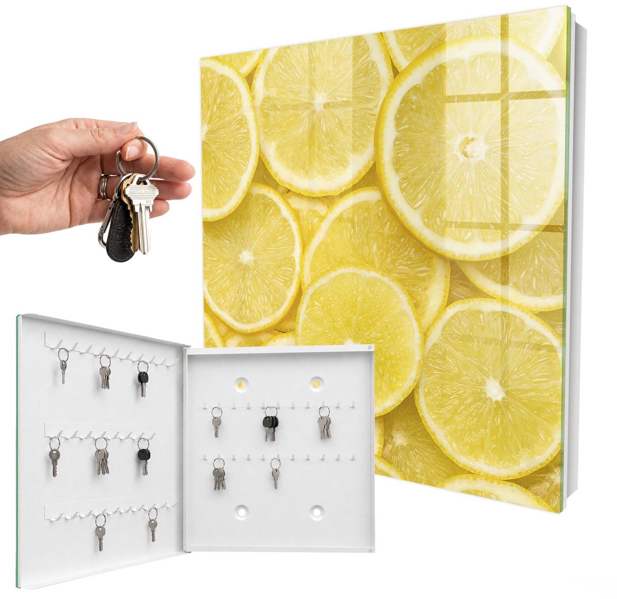 WallMuralia - Sleutelkast - 30x30x5 cm - met 50 haken - Citroenschijfjes Sleutelkastje Binnen - Geel Sleutelbox - Linksopenend - Wit interieur