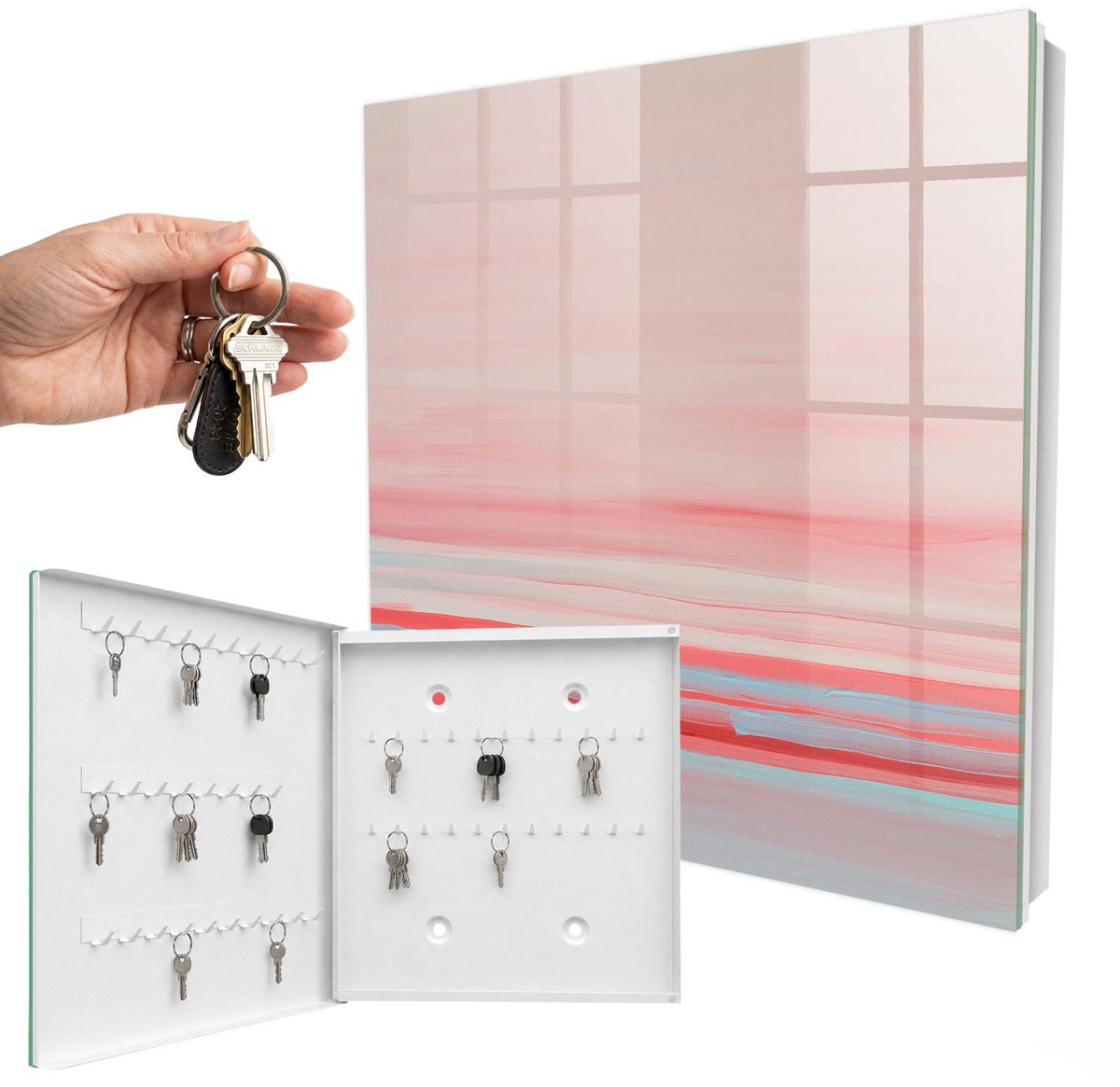 WallMuralia - Sleutelkast - 30x30x5 cm - met 50 haken - Pastelkleurige Strepen Groot Sleutelkastje - Roze Sleutelbox - Linksopenend - Wit interieur