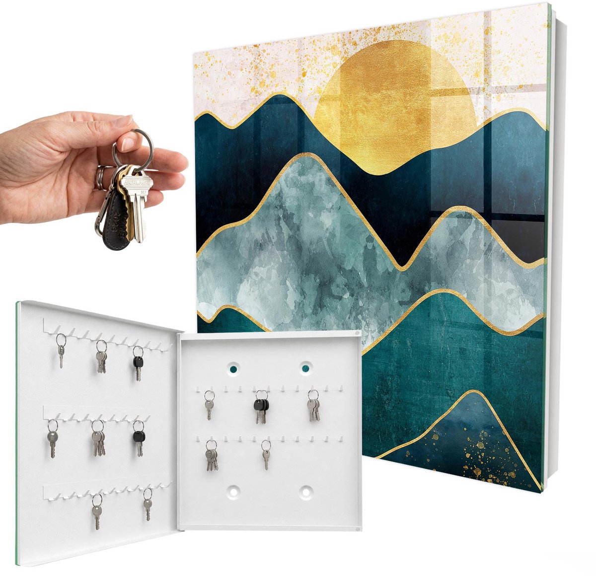 WallMuralia - Sleutelkast - 30x30x5 cm - met 50 haken - Bergabstractie Sleutelkastje Industrieel - Blauw Sleutelbox - Linksopenend - Wit interieur