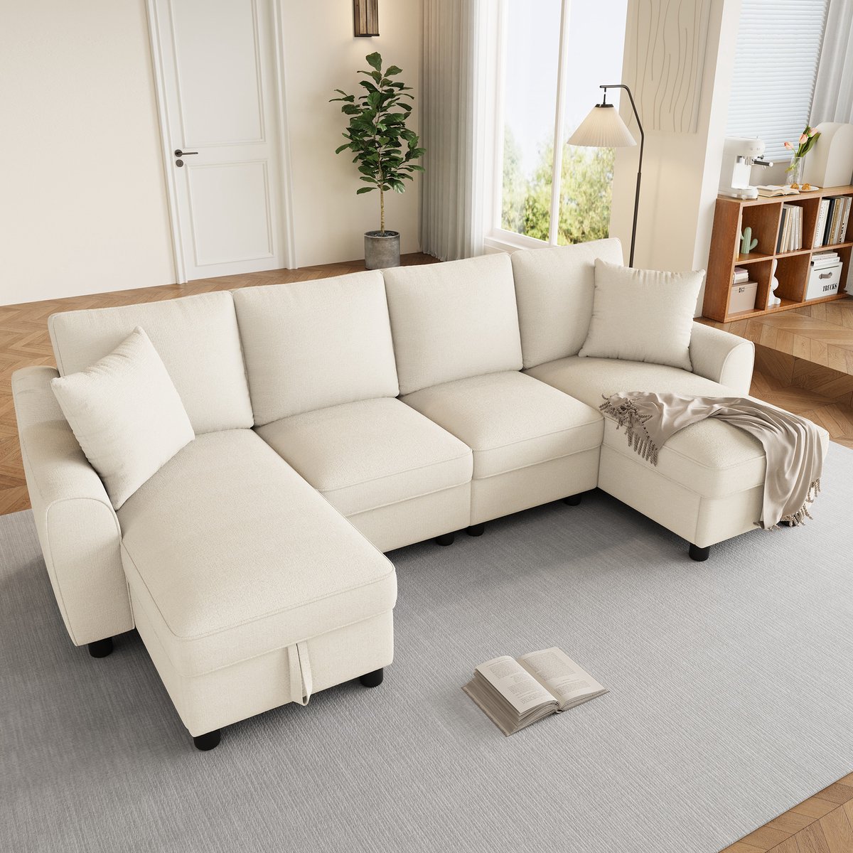 Modern U-vormige bank - 2-zits - met twee kussens - chaise longue met opbergruimte - multifunctionele modulaire bank - beige
