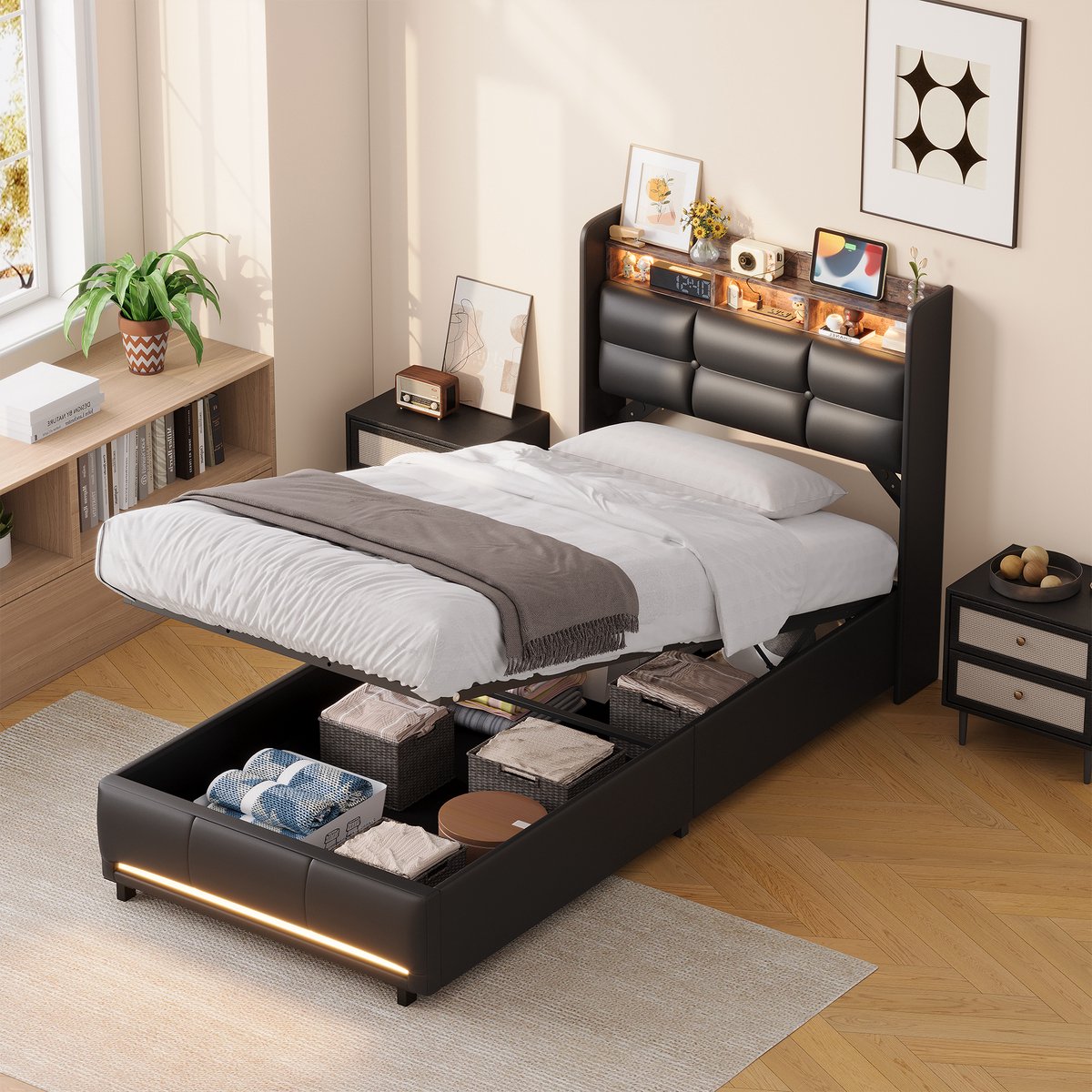 Opbergbed 90x200 Zwart PU – Eenpersoonsbed met LED, USB & Opbergruimte – Bed met Multifunctioneel Hoofdbord en Lattenbodem