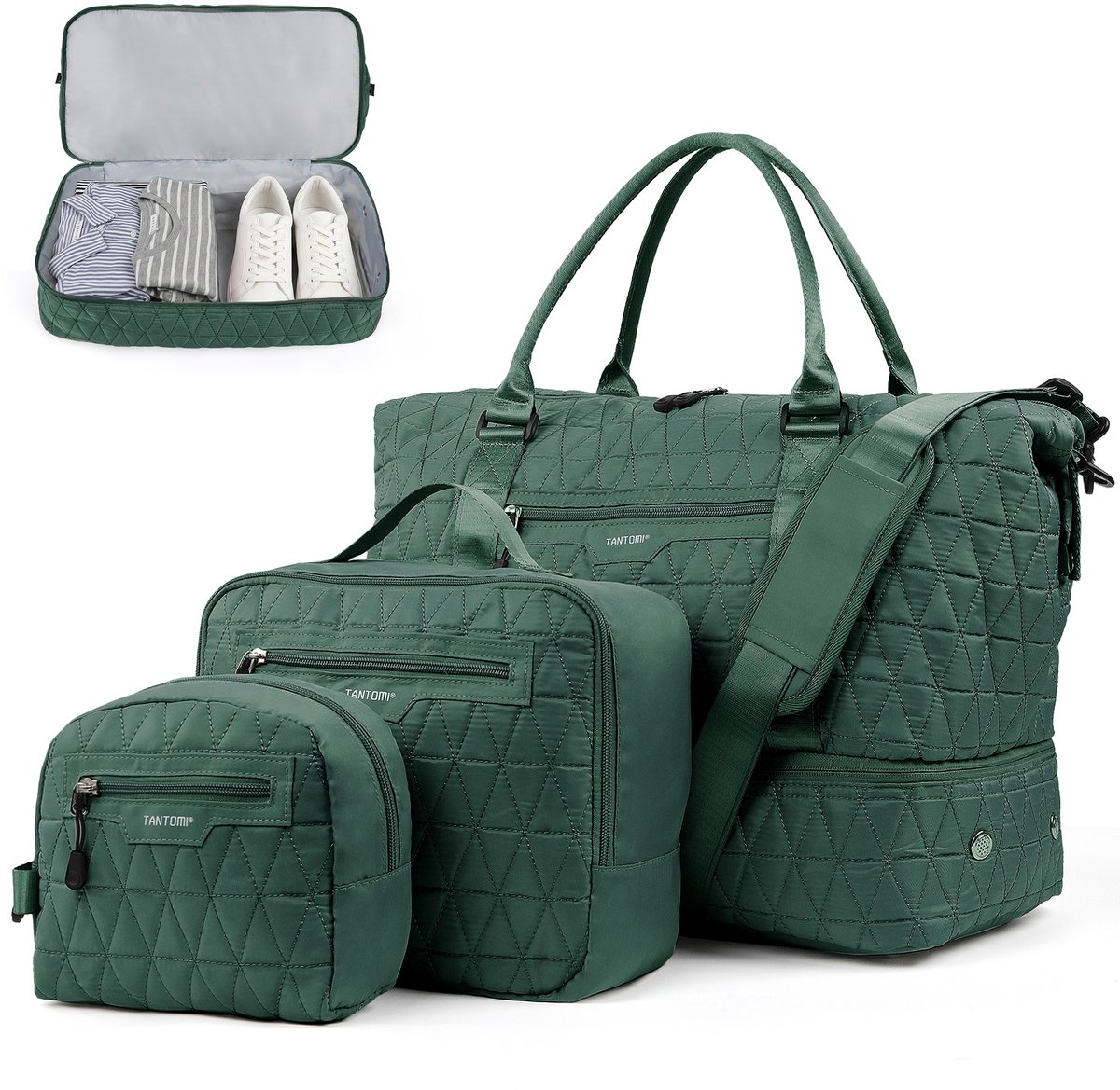 TANTOMI - Reistas - Handbagage Tas voor dames en heren - 46x23x35 cm - met make-uptas & toilettas - met schoenenvak - voor reizen, fitness, dagelijks gebruik en ziekenhuis - Weekendtas - Sporttas - Donkergroen