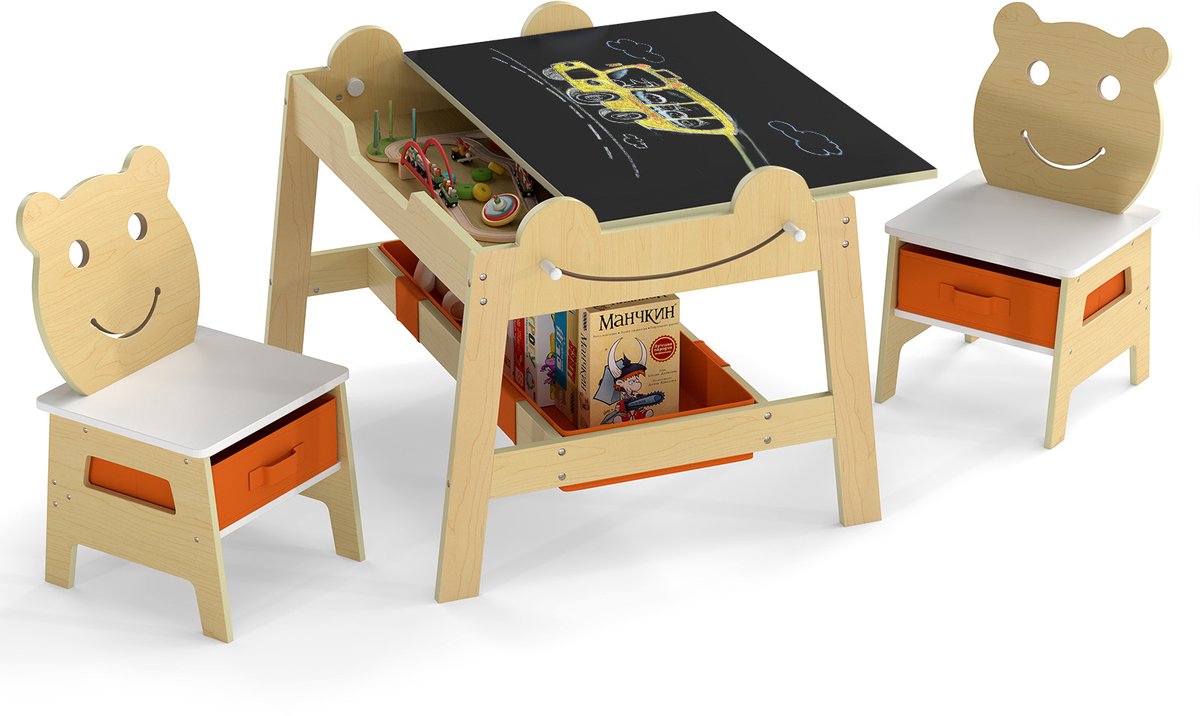 COSTWAY Kindertafel met 2 stoelen in berenvorm, Maltafel 5-in-1 met omkeerbaar bord, whiteboard, 4 haken en stoffen containers, kinderzitgroep met opbergruimte voor kinderen van 3 tot 10 jaar (natuur)
