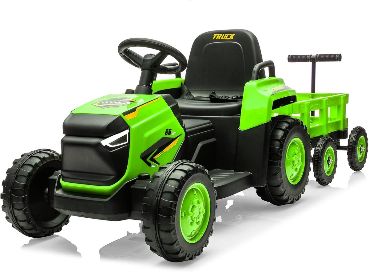 Triumpunpre - Elektrische kindertractor 12V met afneembare aanhanger - 8-wielige tractor met afstandsbediening LED-koplampen muziek - Vanaf 3 jaar - Groen