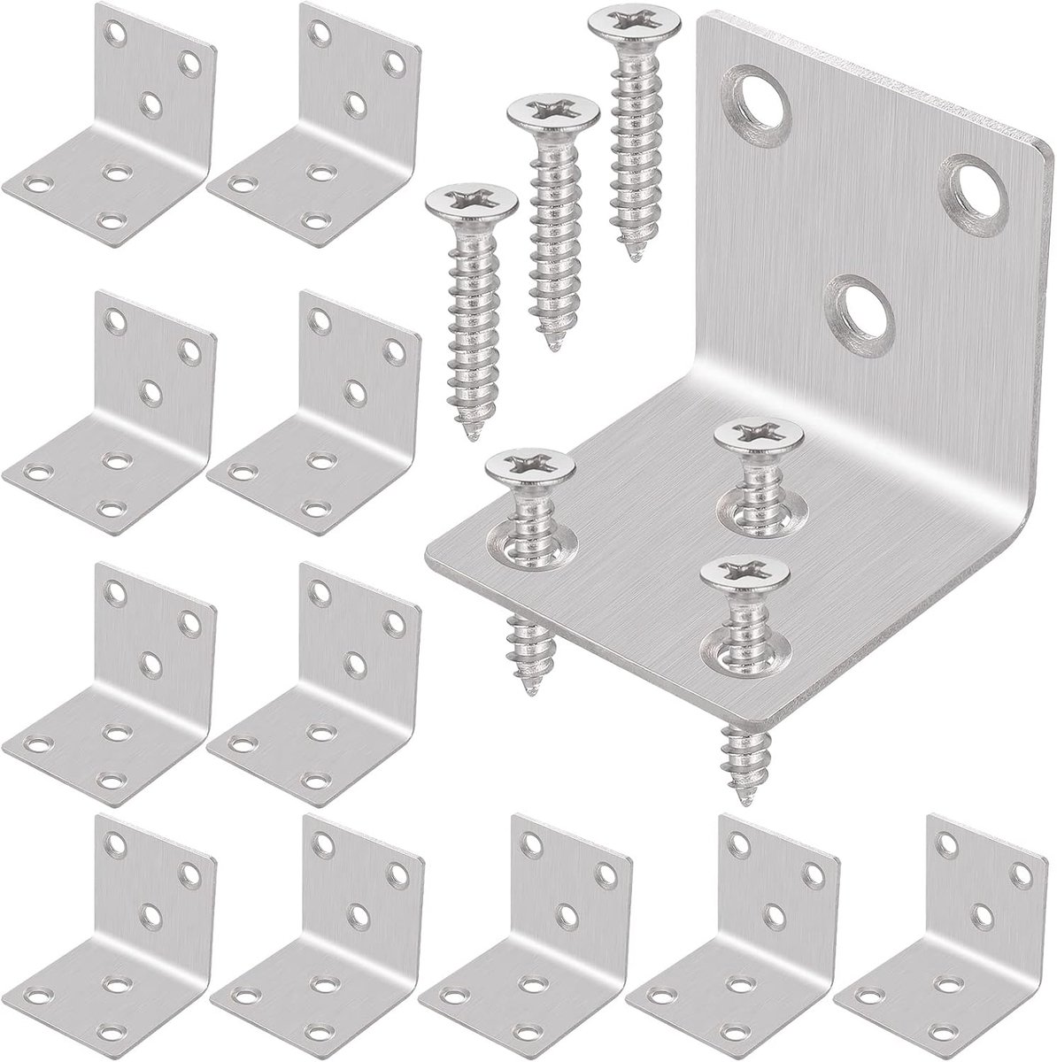 SnelShoppen - Hejo Verstevigde Hoekbeugels 40 x 40 x 40 x 2 mm, 12 Stuks RVS L-beugel met 72 Schroeven, 6 Gaten Stevige Hoekbeugel voor Hout, Perfect