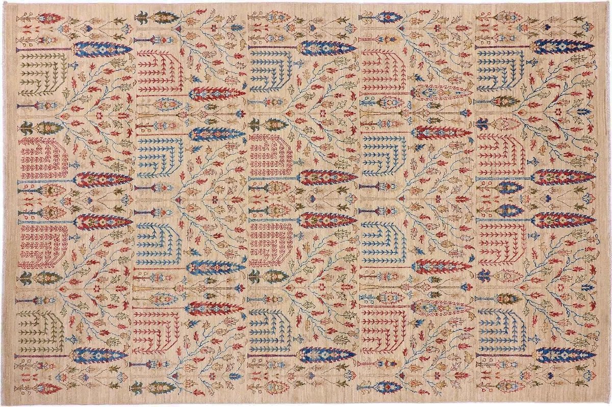 SnelShoppen - Afghan Ziegler Ariana Trees Tapijt 200x300 Handgeknoopt Beige Bloem Motief Wol Laagpolig voor Woonkamer en Slaapkamer