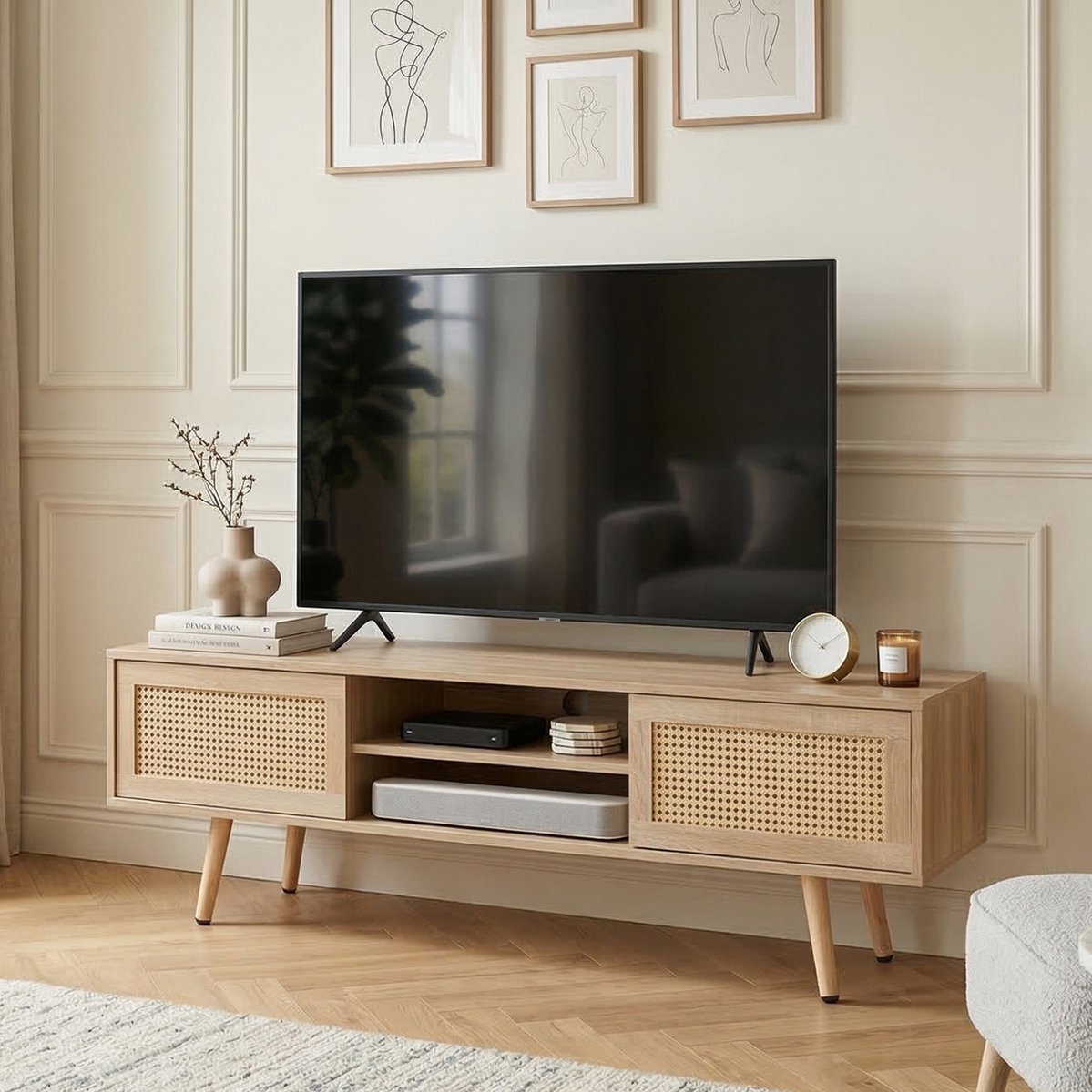 MIVRAY TV-Meubel 140 Cm - Met Rotan Schuifdeuren En Verstelbare Planken - Voor Woonkamer En Kantoor - MDF - Naturel Hout