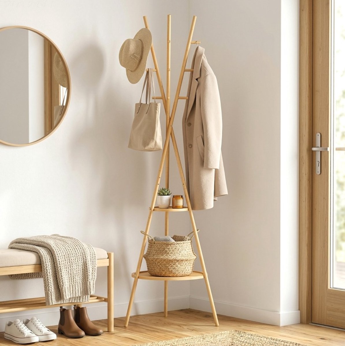 COVREO Garderobenstandaard 58,5x58,5x176 cm naturel, bamboe met 9 haken