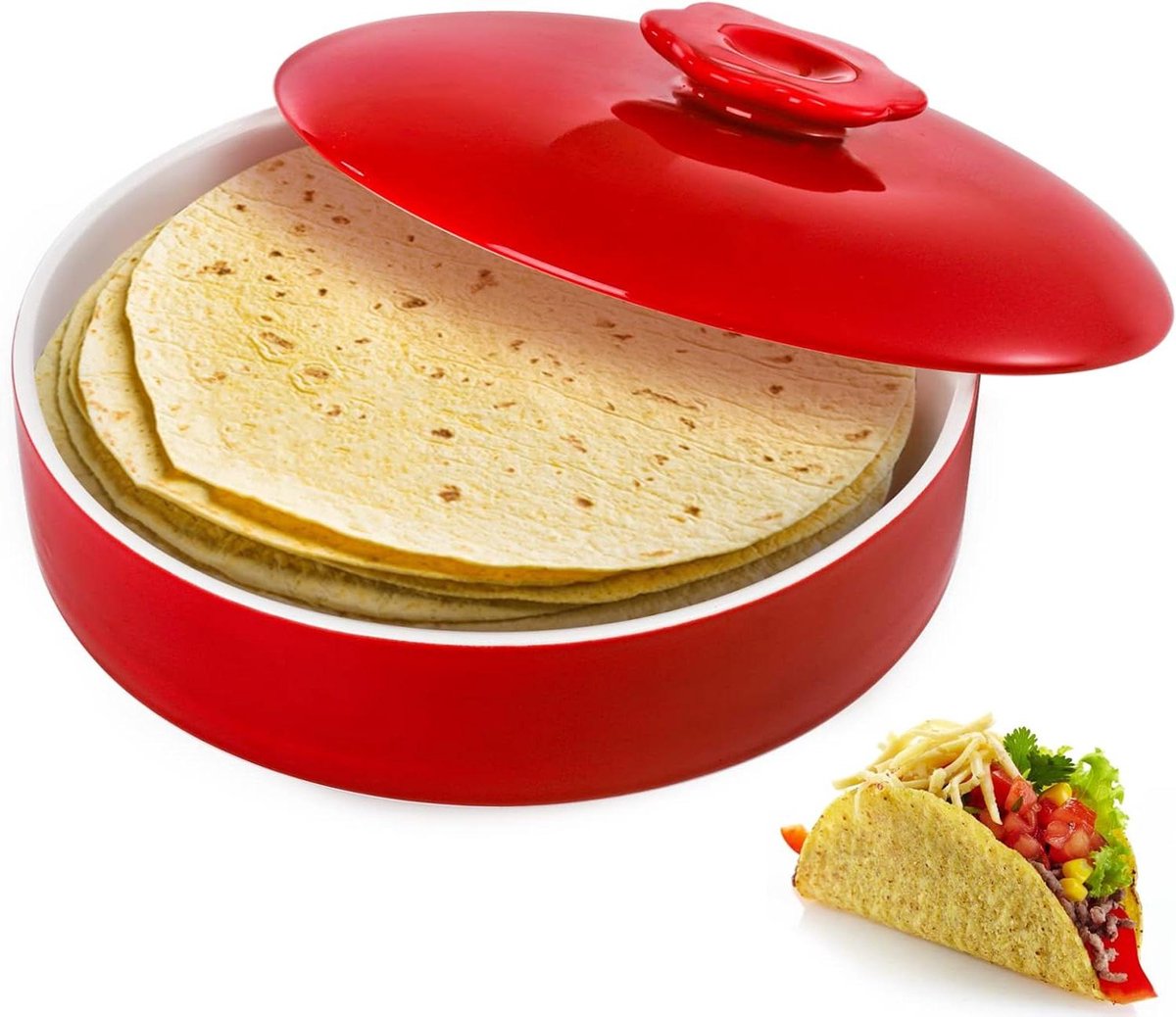 Keramische Tortilla Warmer - Taco Houder - Maaltijden Warm Houden - Magnetron en Oven Veilig - 8.5 inch - Rood
