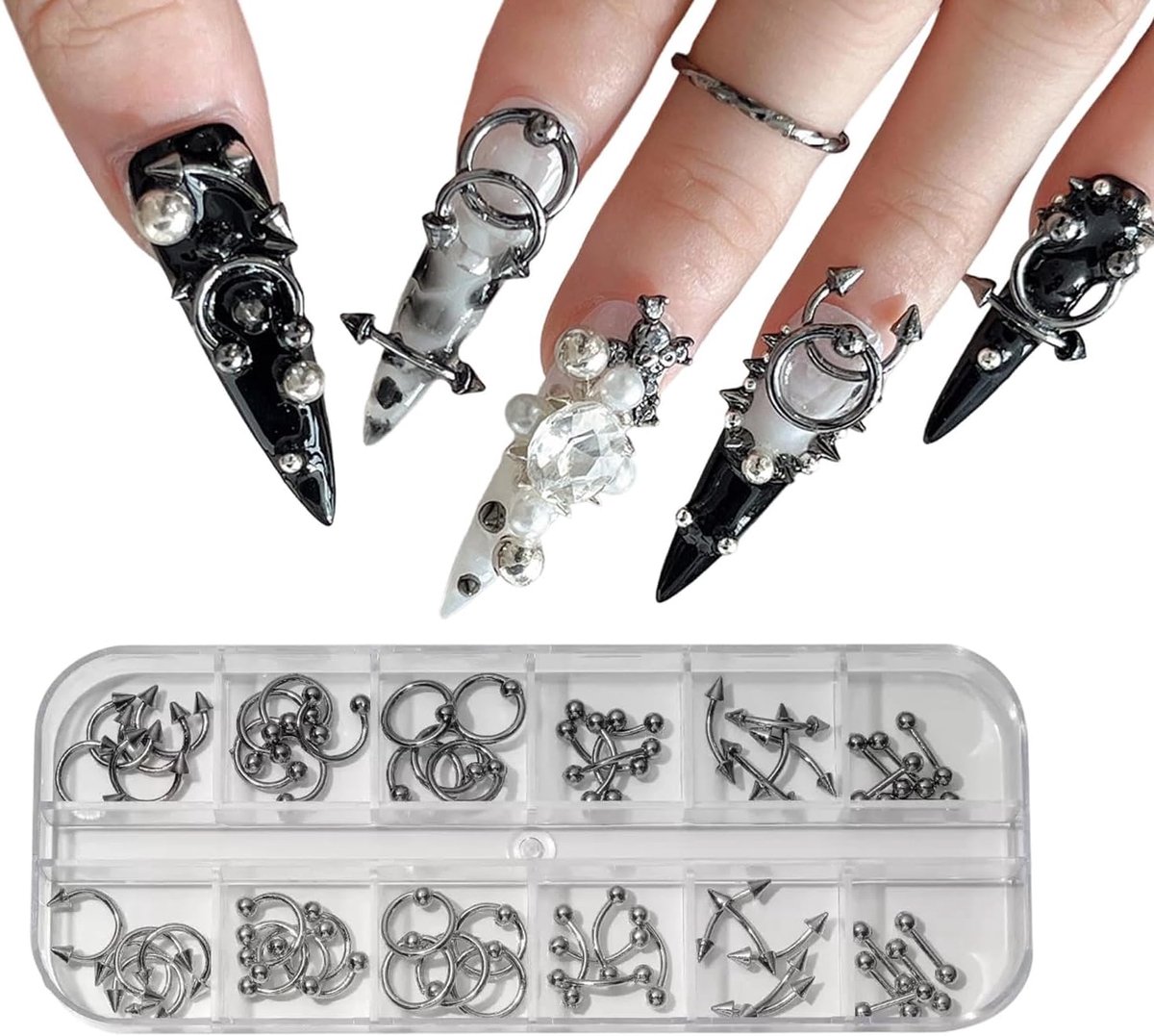 60 Stukken Nagelontwerp Stekker 3D Zilver Legering Goth Punk Nageldecoratie Zilver Grijs Kegel Spike Metaal Ringen Legering Nieten Sieraad voor Vrouwen Goth