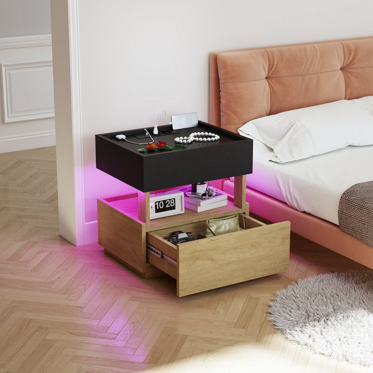 MIVRAY Bedtafel Met Draadloos Opladen En USB Aansluitingen - Led Sfeerverlichting - Twee Lades - Zwart En Naturel Hout - 50x40x50 Cm