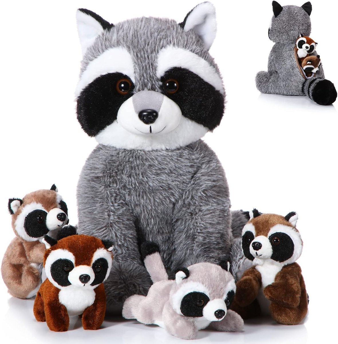 Set van 5 Schattige Wasbeer Knuffels met 4 Baby Wasberen in de Buik - Zachte Pluche Speelgoed voor Kinderen, Verjaardag, Bosfeest, Knuffelvrienden