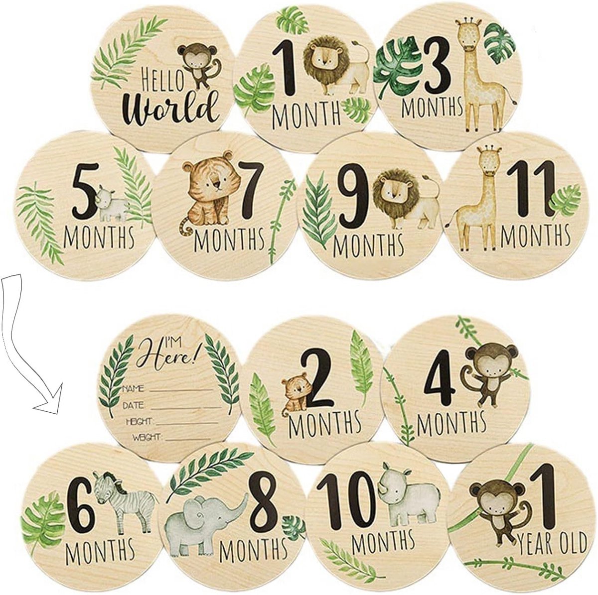 Baby Hout, 7-delig set mijlpaal kaarten van hout voor baby's