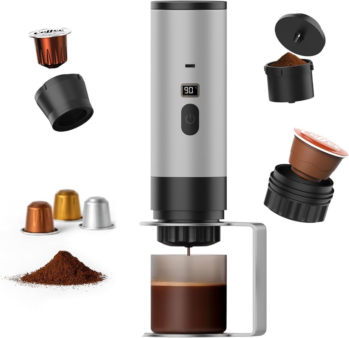 Koffiezetapparaat van MMOBIEL – Elektrische Espressomachine met Standaard, Zelfverwarmend & USB-C – Geschikt voor Gemalen Koffie & Capsules voor Reizen, Camping, Thuis, Auto, Kantoor
