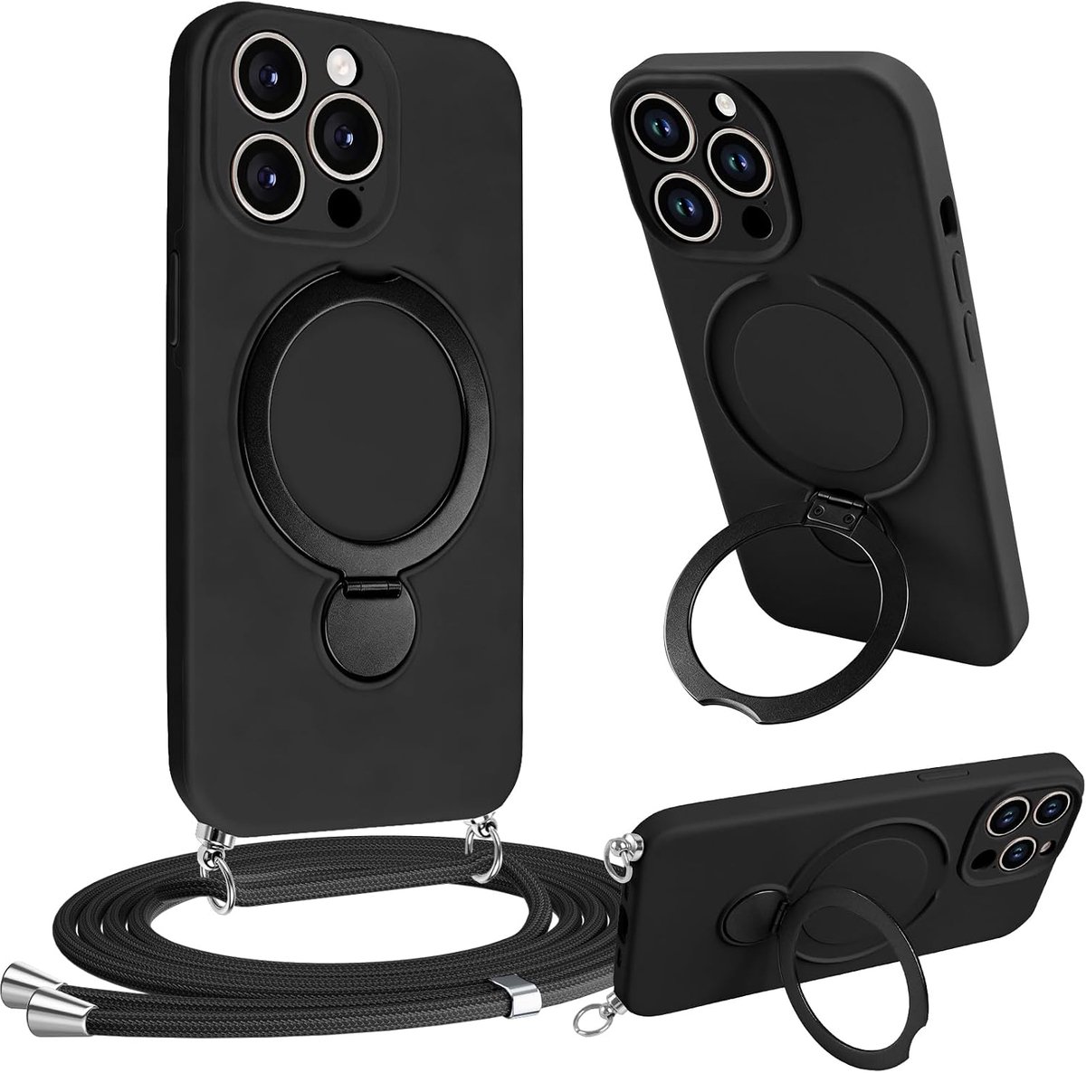 Telefoonhoesje met koord voor iPhone 16 Pro, beschermhoes en houder, 360° dun, TPU, vloeibare siliconen, schokbestendig, krasbestendig, beschermhoes met verstelbare halskoord, zwart