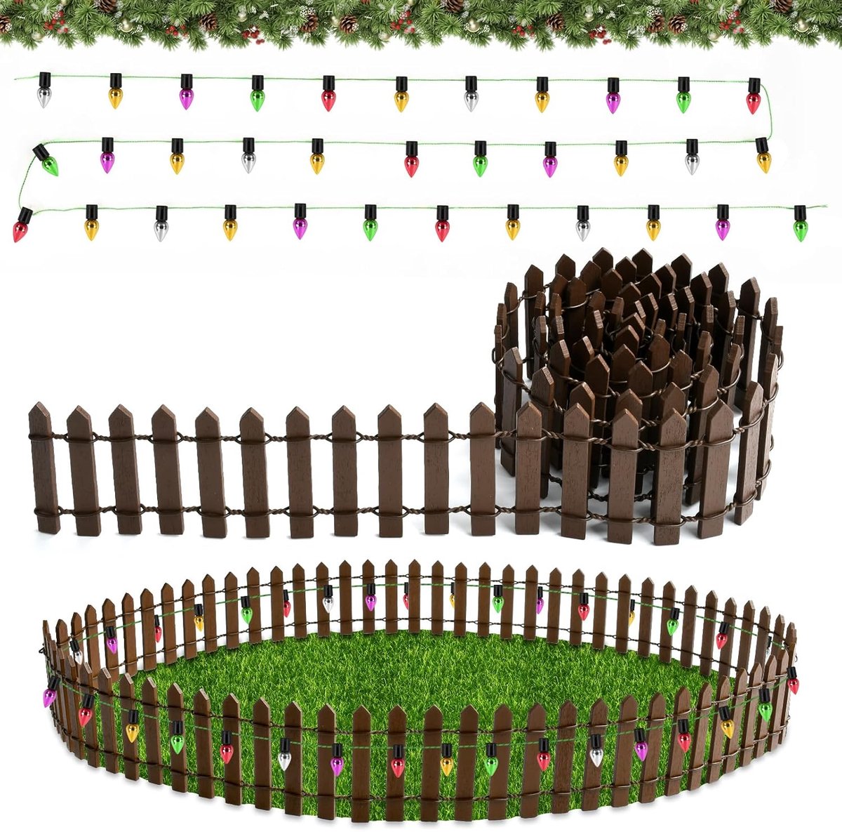 accessoires Kerstmis, miniatuur omheining tuinhek, hout, 90 x 5 cm kabouter omheining met 100 cm decoratieve lichtketting, Kerstmis miniatuur omheining houten hek, poppenhuis accessoires