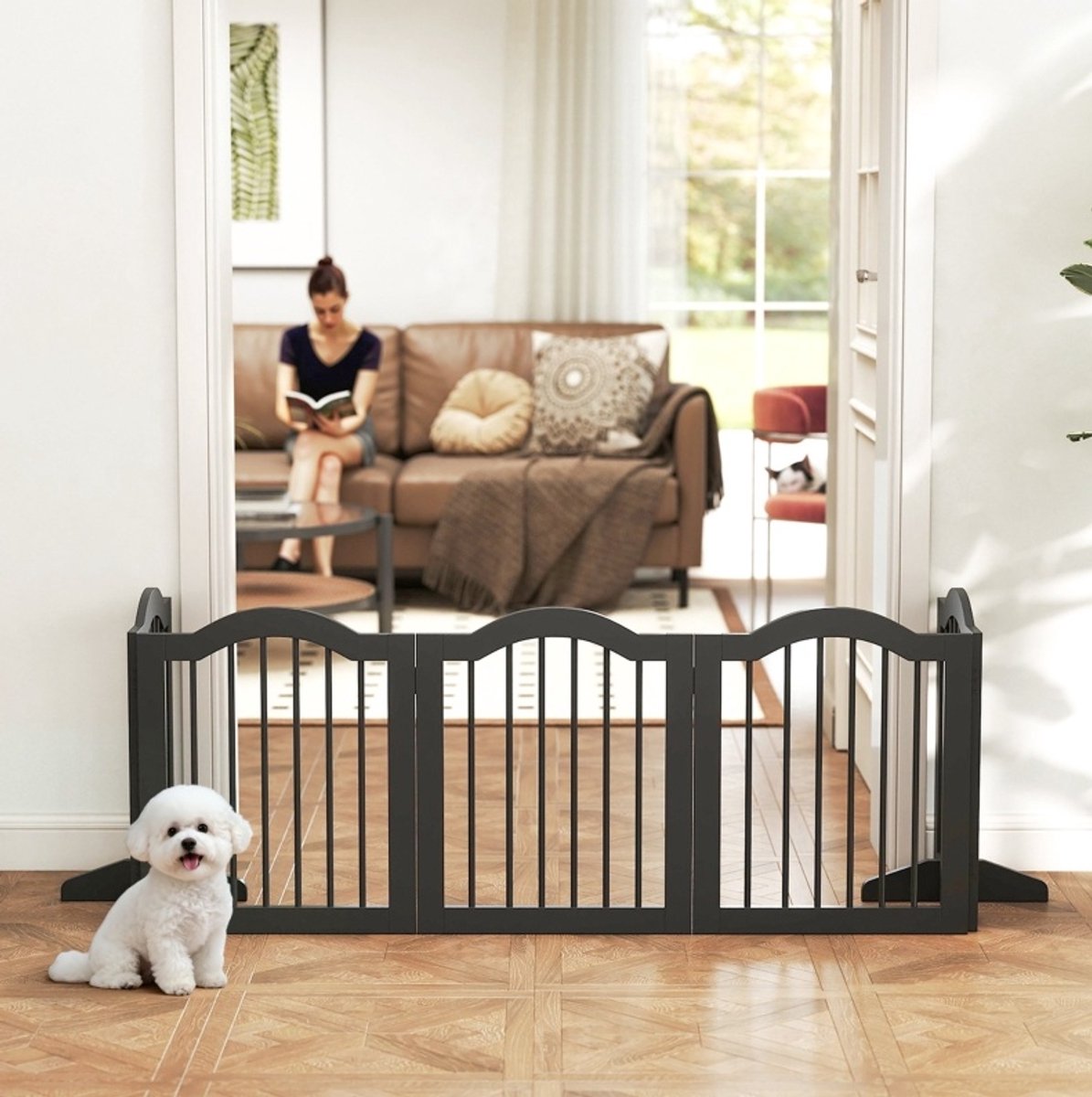 REDOM - Hondenhek - Vrijstaand en opvouwbaar - Met voeten - Hout - Zwart - 5 panelen - Voor deur, gang en trap - 261,5 x 61 cm