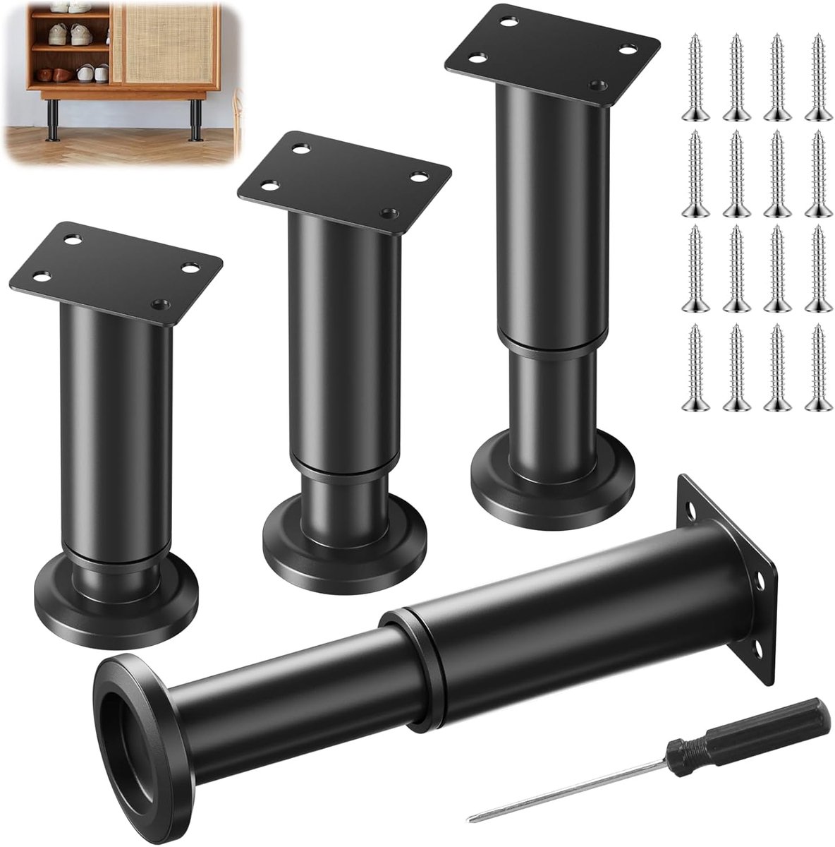 SnelShoppen - Set van 4 Hoogte Verstelbare Meubelpoten 13-18 cm Stabiele Ondersteuning voor Bed, Tafel, Kast - Hoogwaardige Stalen Meubelpoten Zwart