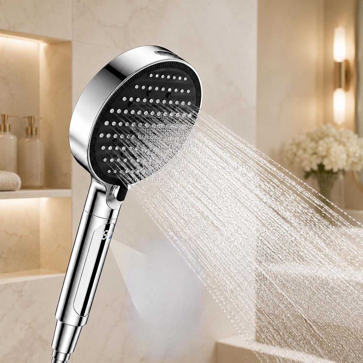 SnelShoppen - Douchekop hoge druk met temperatuurweergave, 4+1 sproeimodi, handdouche, waterbesparende ABS-kunststof, chroom, ideaal voor badkamer en