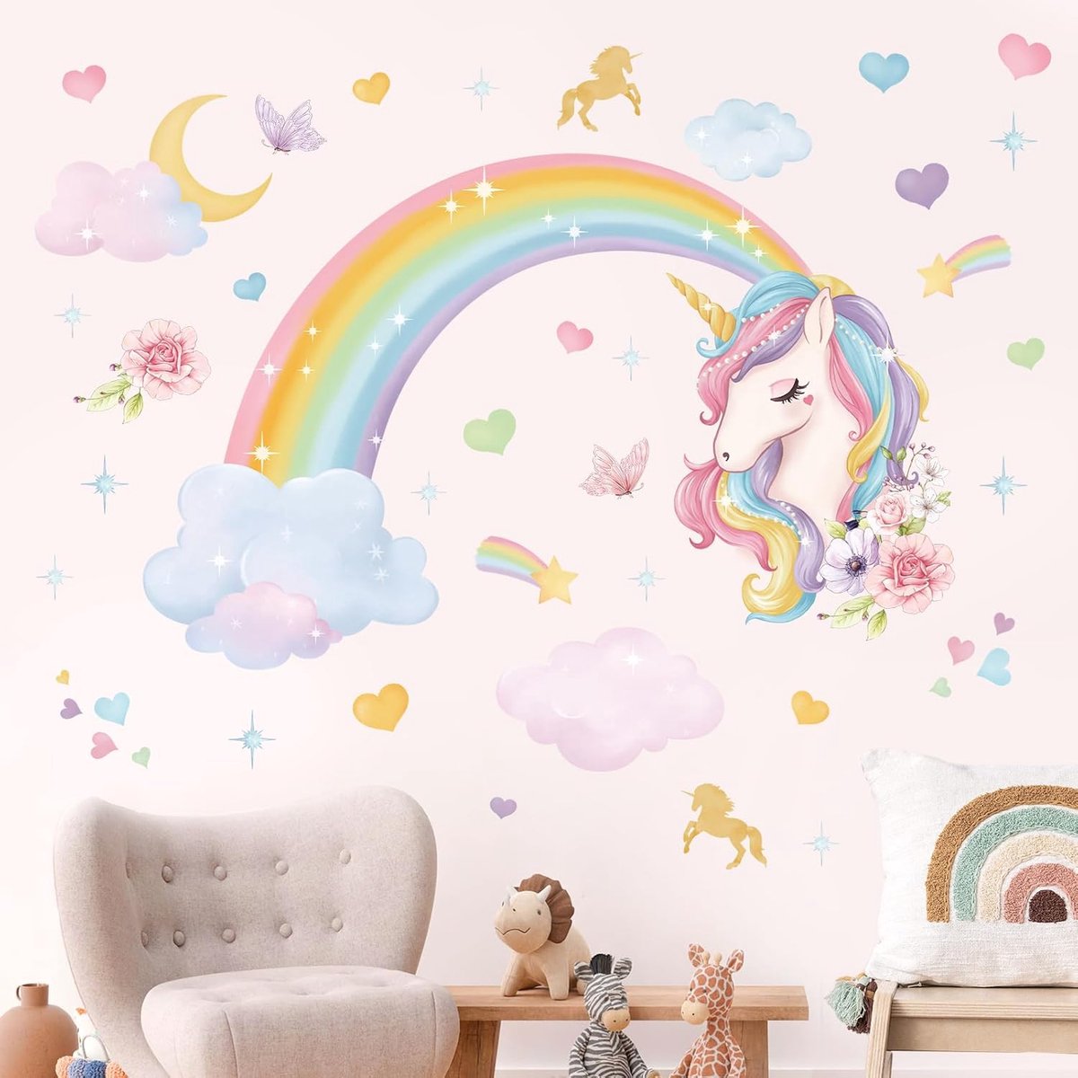 SnelShoppen - Regenboog Muurstickers Eenhoorn Wolken Zelfklevende Wanddecoratie voor Meisjes Slaapkamer Kinderen Baby Kamer Peeling en Plakken