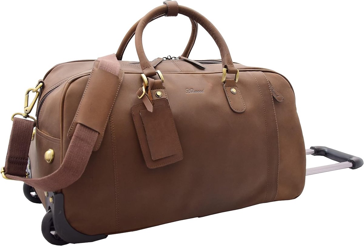 SnelShoppen - Wheeled Holdall Reistas Echt Leer Duffle Koffer Cabin Size Rolbag Weekendtas Albert, Bruin, Ruim en Stijlvol voor Reizen, Perfect voor W