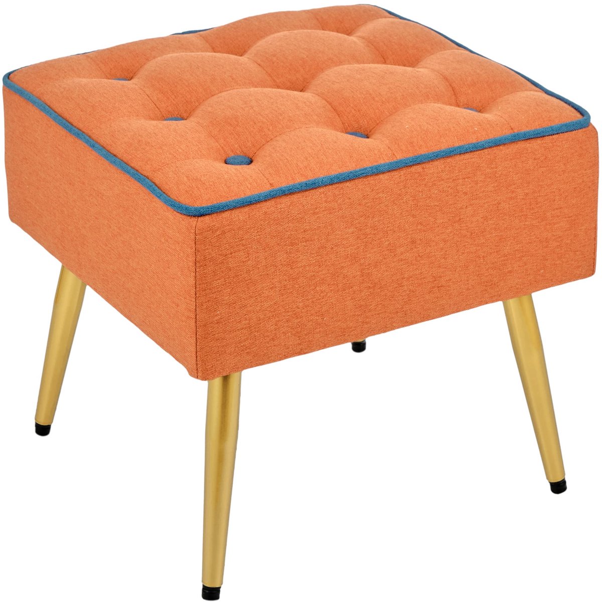 SnelShoppen - Stoffen poef vierkant met poten van natuurlijk hout, voetenbank, kruk voor woonkamer, slaapkamer, entree, 40 x 40 x 35 cm, oranje blauwe