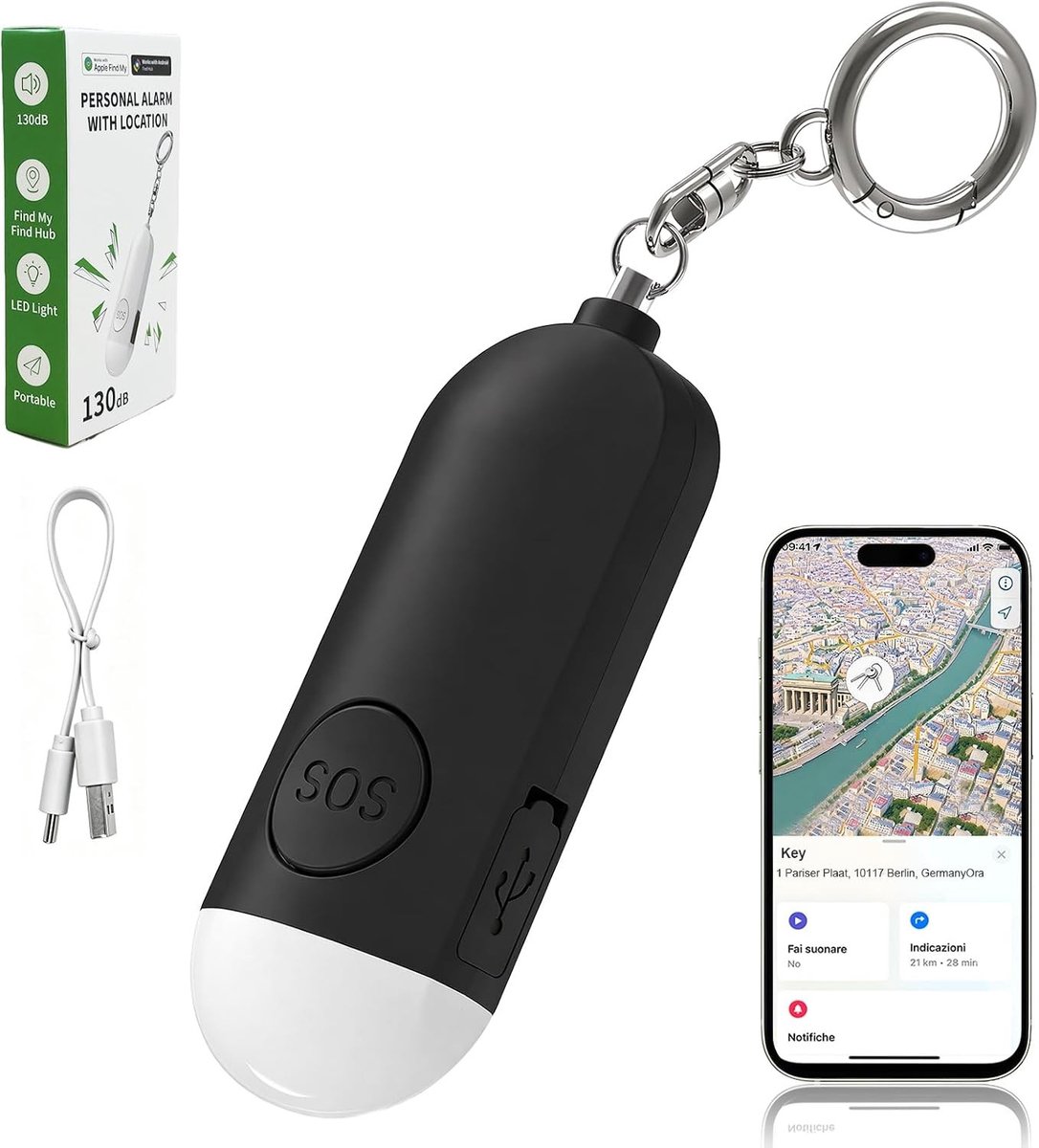Zakalarm met 130 dB sleutelzoeker en oplaadbare sirene, persoonlijk veiligheidsalarm met LED-lamp, ideaal voor kinderen en vrouwen