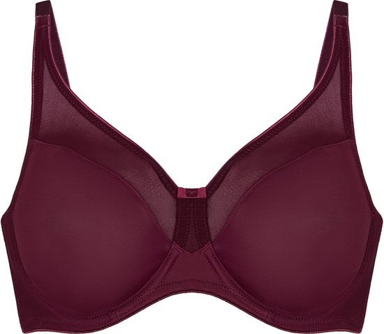 Soutien-gorge minimiseur à armatures rouge vin avec empiècements en mesh et un petit nœud.