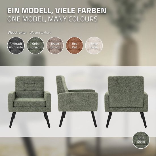 Fauteuil met armleuningen in groen, geweven textuur. Drie aanzichten en kleuropties: Anthracite, Groen, Bruin, Rood, Beige.
