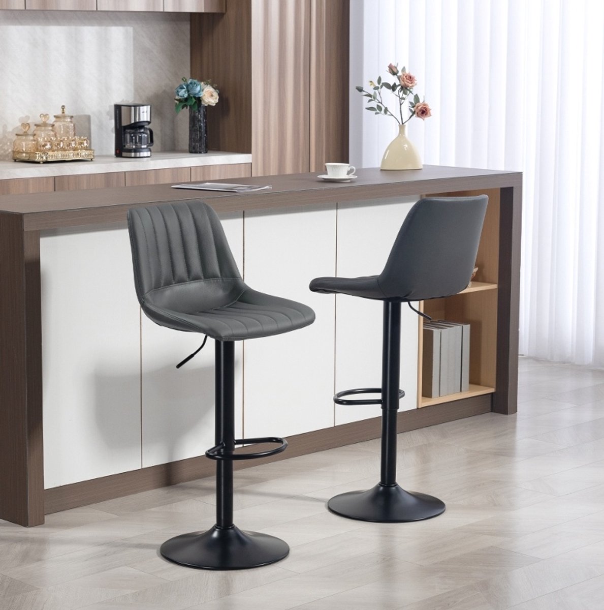 COVREO Barkruk 43 x 49,5 x 111 cm donkergrijs, kunstleer met rugleuning