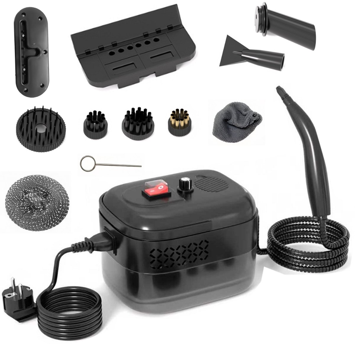 Hogedrukstoomreiniger - 2500 W - 1400 ml watertank - 6 drukstanden - Multifunctionele reiniger - Chemievrij reinigingsmiddel - Meubelstoomreiniger - 11-delige set - Zwart