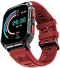 Rode smartwatch met zwarte kast en gekleurde ringen op het scherm, 09:30.