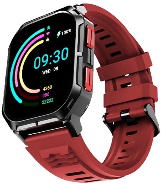 Rode smartwatch met zwarte kast en gekleurde ringen op het scherm, 09:30.