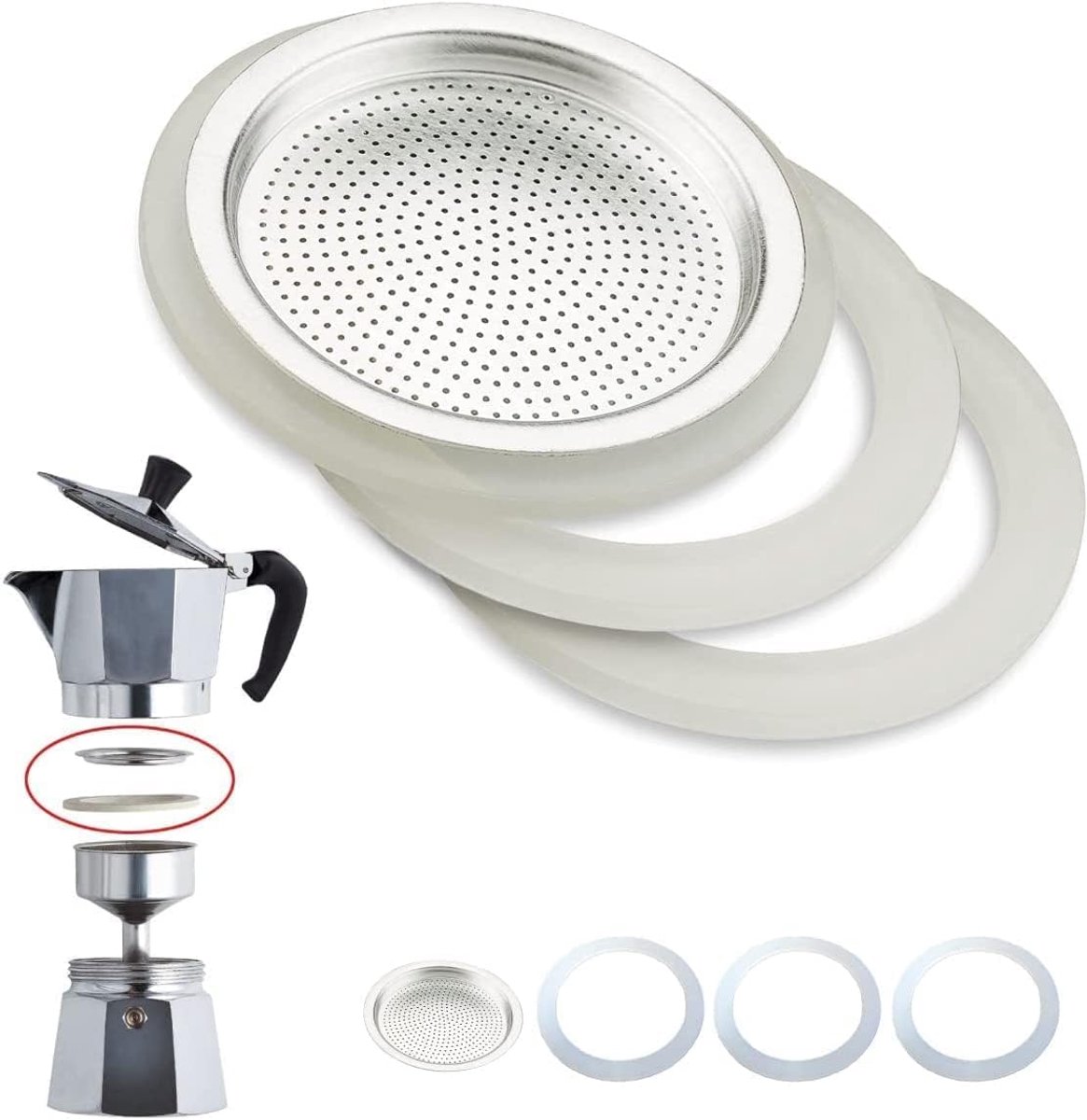 SnelShoppen - Universele Sealing en Filter voor Koffiezetapparaat, 3 x Latex Sealing Ring + 1 x RVS Filter voor Moka, 2 Kops Set, Keukenaccessoires vo