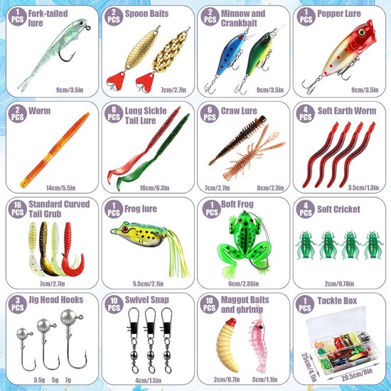 Thijox - 71 Stuks Kunstaas Kit voor Vissers - Compleet Visgerei Doos met Crankbaits voor Bas, Zalm, Snoek - Zachte Wormen en Spinner Kunstaas voor Zou van Thijox — afbeelding 5