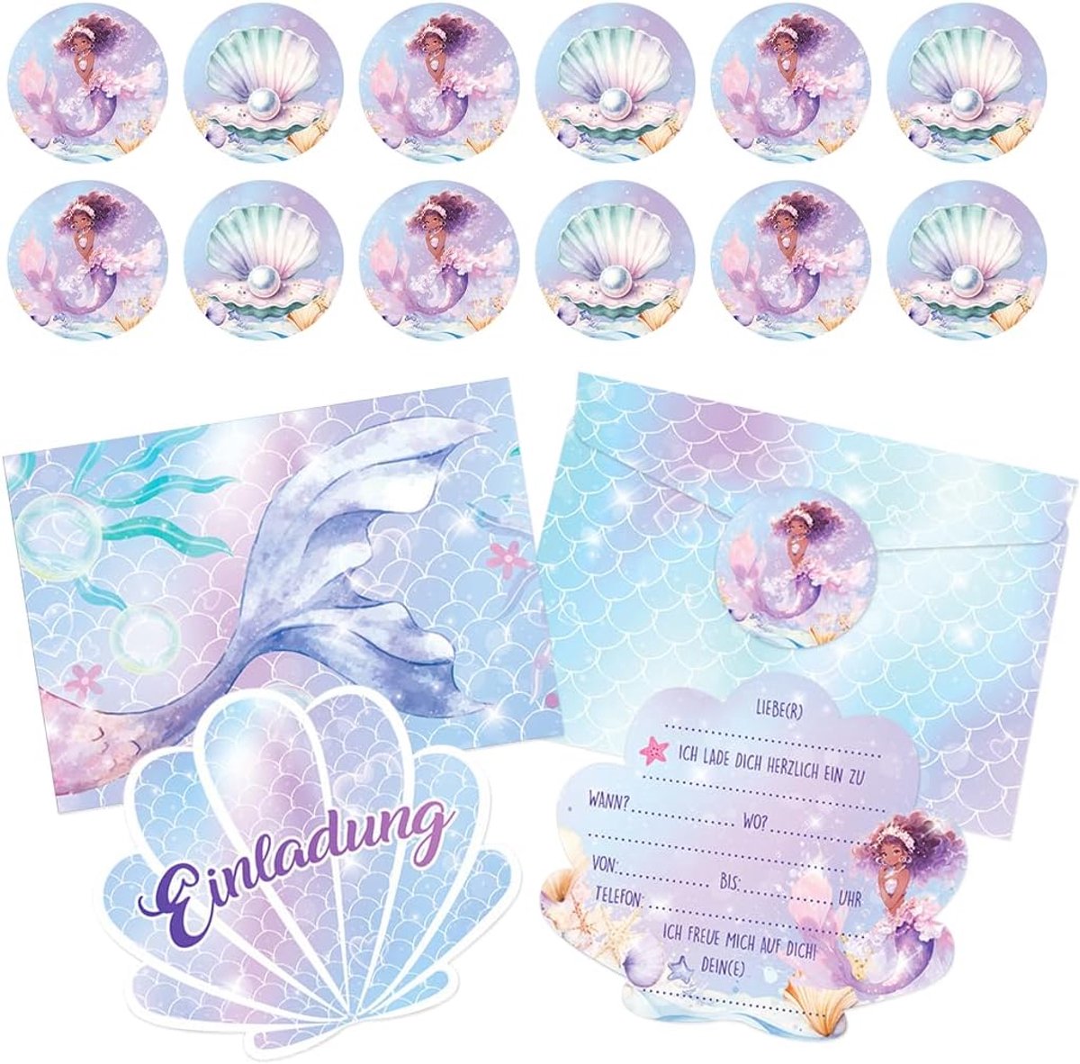 Zeemeermin-uitnodigingskaarten set van 12 - met enveloppen - kleurrijke diermotieven - perfect voor verjaardagen - SnelShoppen